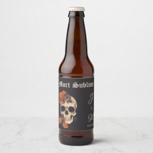 Oranje Bloemige Elegante Schedel Monogram Bruiloft Bier Etiket
