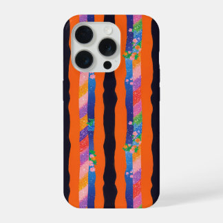 Oranje Bloemige Golfstreep Patroon iPhone 15 Pro Case