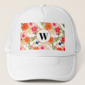 Oranje Bloemige Monogram Trucker Hoed Pet (Voorkant)