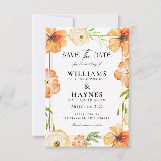 Oranje Bloemige Save the Date Kaart (Voorkant)