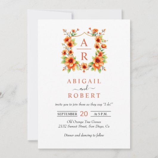 Oranje bloemkam en initialen bloemenbruiloft kaart (Voorkant)