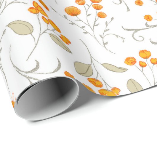 Oranje bloemmotief met bladtakken cadeaupapier (Rol Hoek)