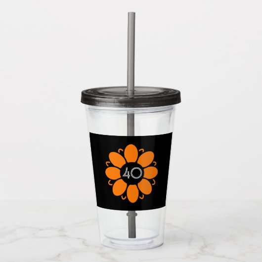 Oranje bloemontwerp Verjaardag 40 Zwart Acryl Drinkbeker (Voorkant)