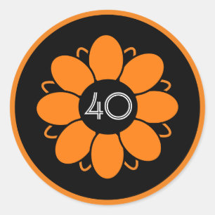 Oranje bloemontwerp Verjaardag 40 Zwart Ronde Sticker