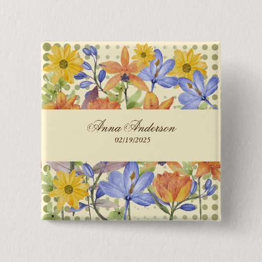 ORANJE BLOEMPATROON VIERKANTE BUTTON 5,1 CM (Voorkant)