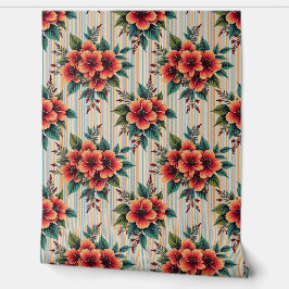 Oranje bloemstuk op blauw en tan strepen behang