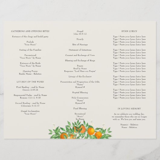 Oranje bloesem bruiloft ceremonie programma (Achterkant)