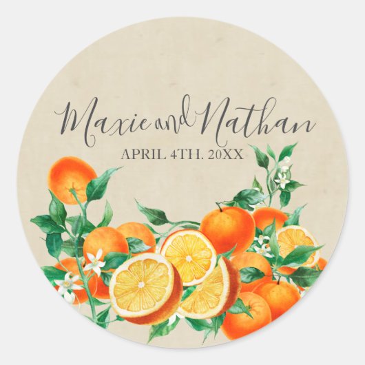 Oranje bloesem bruiloft ronde sticker (Voorkant)