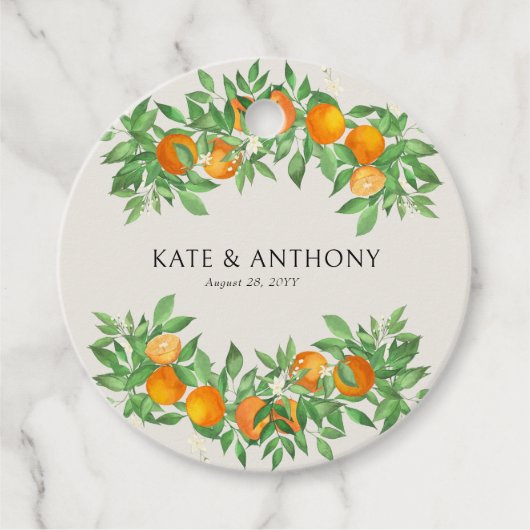 Oranje bloesem citrus bruiloft bedankjes labels (Voorkant)
