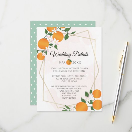 Oranje Bloesem Citrus Wedding Details Behuizing RSVP Kaartje (Voorkant / Achterkant in situ)