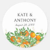 Oranje bloesem citrusfruit bruiloft ronde sticker (Voorkant)