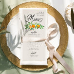 Oranje bloesem driegangencitrus bruiloft menu<br><div class="desc">Oranje Blossom huwelijksmenu met kopjes in elegante kalligrafie, sinaasappels, oranje bloesem en groen op een neutrale achtergrond. Fris, pittig, natuurlijk design om een lente- of zomerbruiloft aan te vullen met een oranje fruit bruiloft thema. Voor het coördineren van uitnodigingen, briefpapier, dag van evenement en tafelinrichting, spellen en trouwbordjes, bladert u...</div>