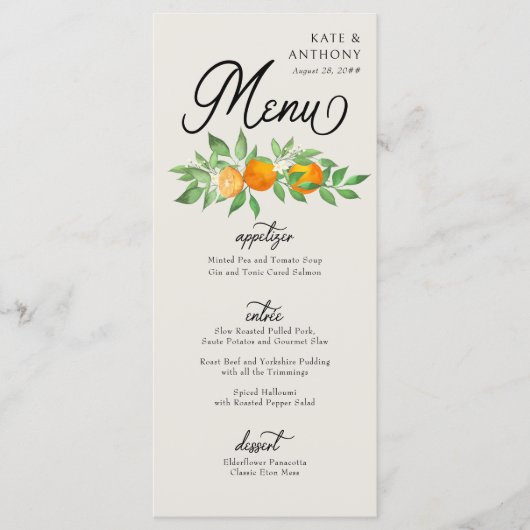 Oranje bloesem driegangencitrus bruiloft menu (Voorkant)