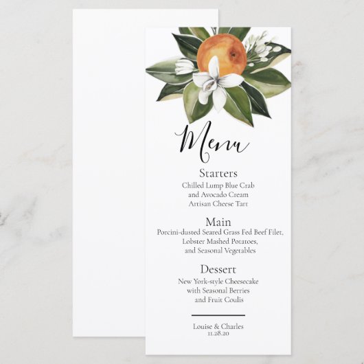 Oranje bloesem elegante groene waterverf menu (Voorkant / Achterkant)