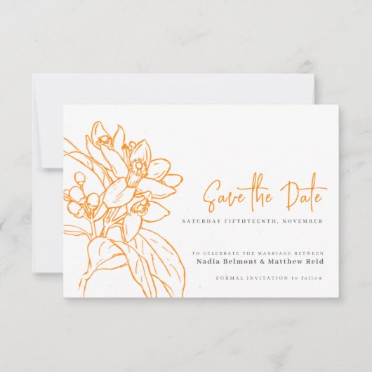 Oranje bloesem mono fotobruiloft met behoud van da save the date (Voorkant)