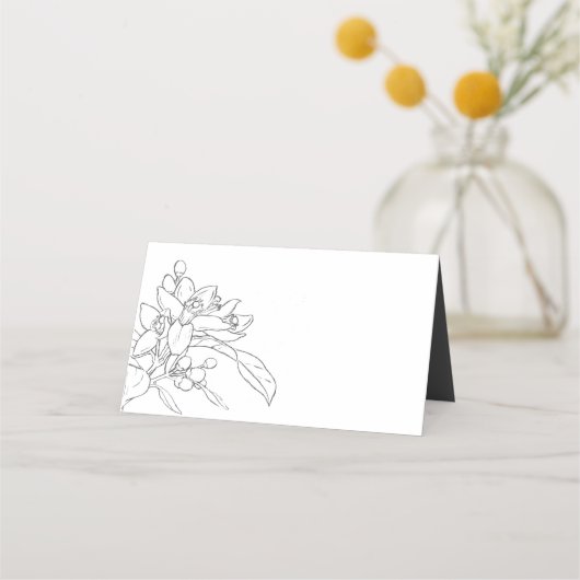 Oranje bloesem schets mono grijs wit bruiloft plaatskaartje (Voorkant)