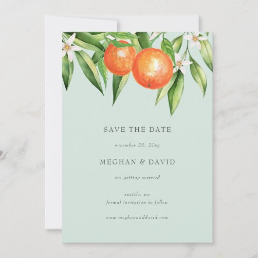Oranje bloesems Citrus Botanical Save the Date Aankondiging (Voorkant)