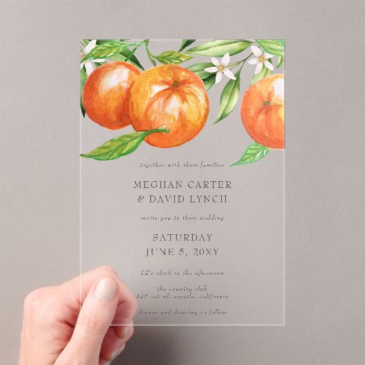 Oranje bloesems Citrus Botanical Wedding Acryl Uitnodigingen (Insitu (Draagbaar))