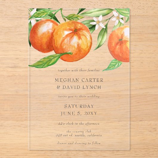 Oranje bloesems Citrus Botanical Wedding Acryl Uitnodigingen (Voorkant)