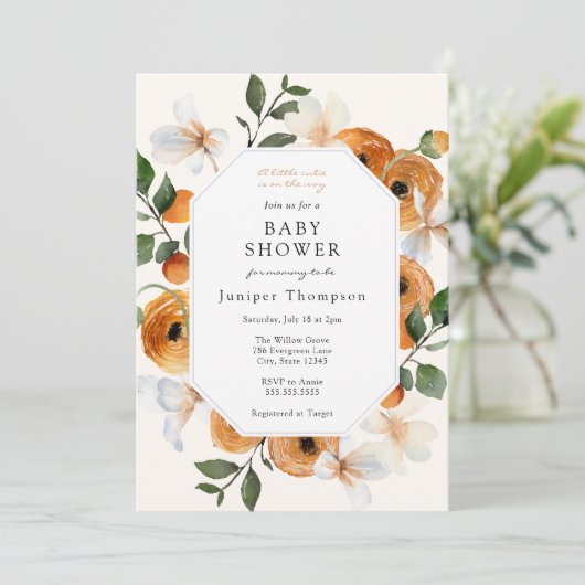 Oranje bloesems en clementines Baby shower Invita Kaart (Staand voorkant)