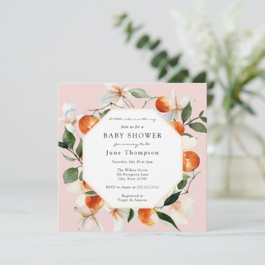 Oranje bloesems en clementines Baby shower Kaart (Staand voorkant)