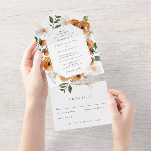 Oranje bloesems en groen bruiloft All In One All In One Uitnodiging (Afscheurbaar)