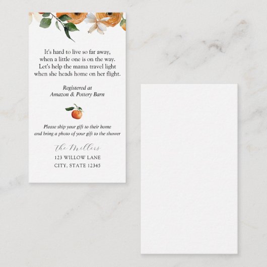 Oranje bloesems op lange afstand informatiekaartje (Voorkant / Achterkant)