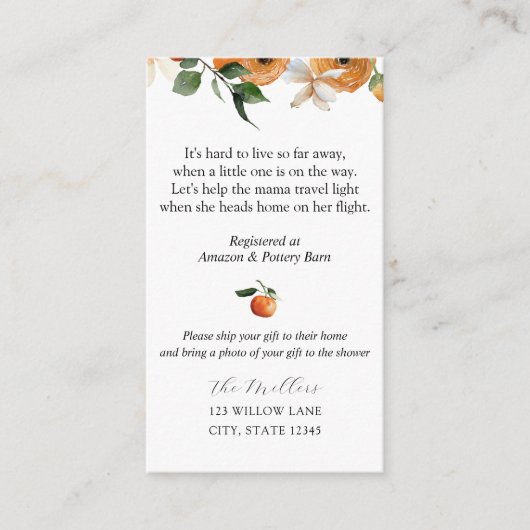 Oranje bloesems op lange afstand informatiekaartje (Voorkant)