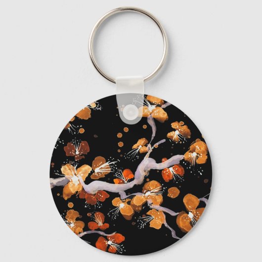 Oranje bloesems op zwart sleutelhanger (Voorkant)
