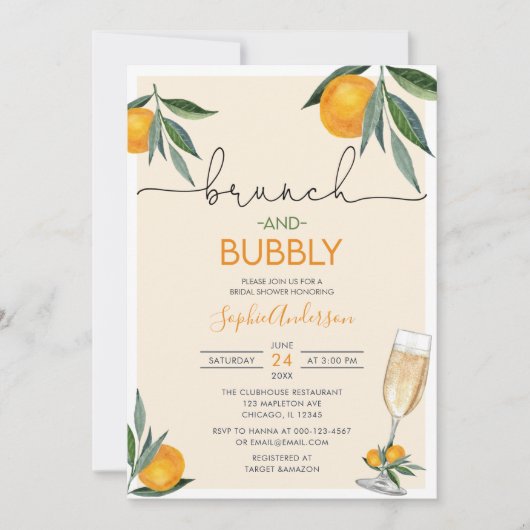 Oranje Blossom Bridal Brunch en Bubble Mimosa Kaart (Voorkant)