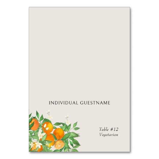 Oranje Blossom Gedrukte Gast Naam Plaats Kaart (Voorkant)