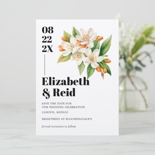 Oranje Blossom & Jasmine Blooms Save the Date Kaart (Staand voorkant)