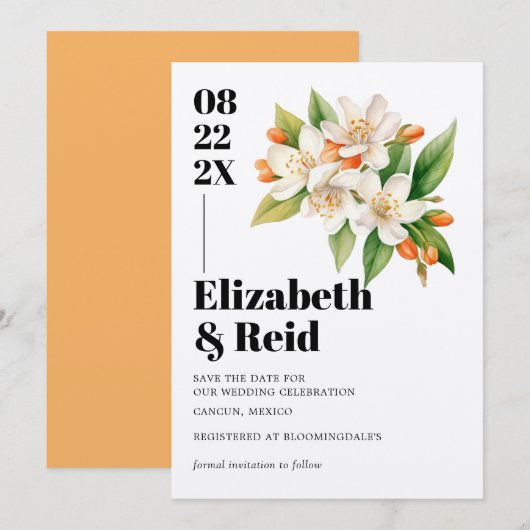 Oranje Blossom & Jasmine Blooms Save the Date Kaart (Voorkant / Achterkant)