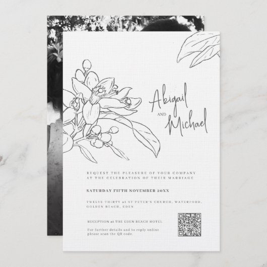 Oranje blossom schetsen mono foto bruiloft kaart (Voorkant / Achterkant)