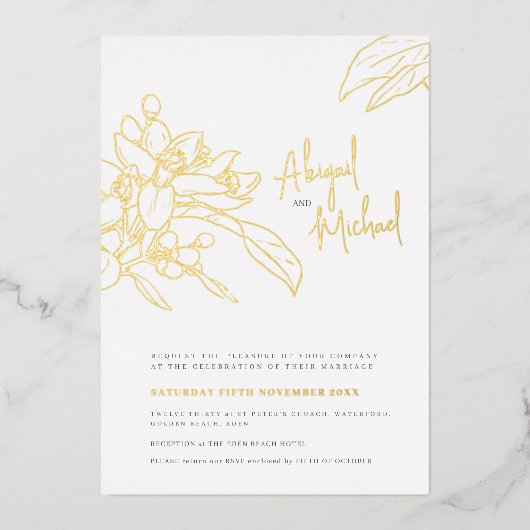 Oranje blossom-schetsfoto bruiloft folie uitnodiging (Voorkant)