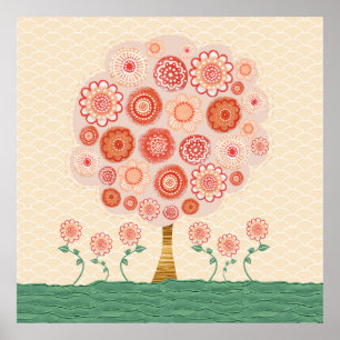 Oranje Blossom Tree gemengde media Poster Afdrukku