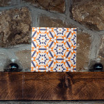 Oranje Blue Cream geometrische zeshoeken patroon Tegeltje<br><div class="desc">Deze keramische tegel heeft een boeiend geometrisch patroon dat bestaat uit stervormige motieven, omgeven door een reeks driehoeken en andere veelhoeken, waardoor een caleidoscopisch effect ontstaat. Het kleurenpalet is een opvallende combinatie van zacht sinaasappel, diepzeeblauw en witte tinten, die samen een opvallend contrast creëer vormen. Elk onderdeel van het ontwerp...</div>