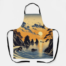 Oranje Blue Sunset Japanese Ink Style Beach Art Schort