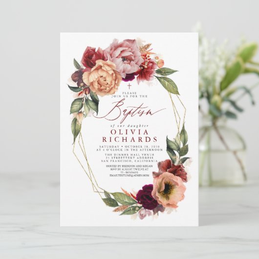 Oranje Blush Bourgogne Red Floral Herfst Baptisme Kaart (Staand voorkant)