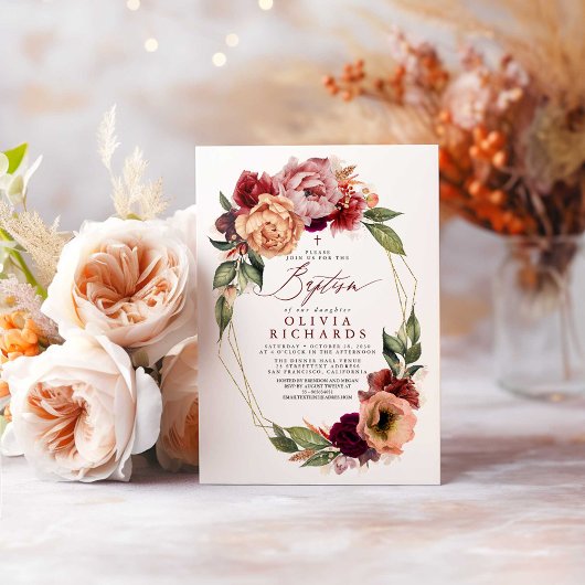 Oranje Blush Bourgogne Red Floral Herfst Baptisme Kaart