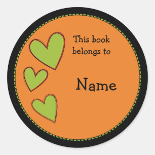 Oranje boekenplaat met groene harten ronde sticker