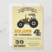 Oranje Boerderij Tractor Kids Verjaardagsfeestuitn Kaart (Voorkant)