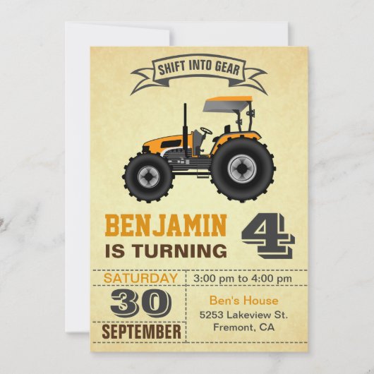 Oranje Boerderij Tractor Kids Verjaardagsfeestuitn Kaart (Voorkant)