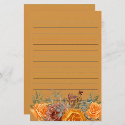 Oranje Bogundy Floral Greenery Lined Briefpapier (Voorkant / Achterkant)