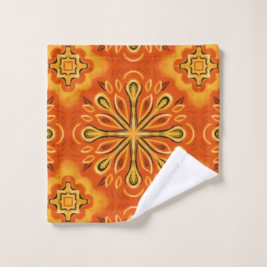 Oranje Boho Abstract Bloem Decoratief Bad Handdoek (Wasdoekje)