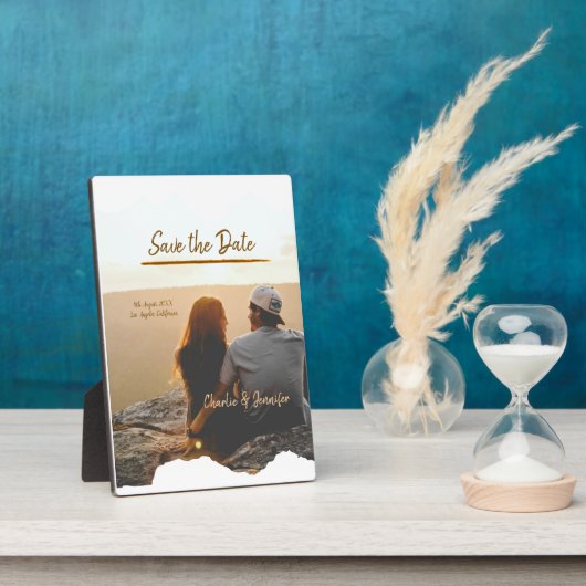 oranje boho Bewaar de datum Moderne foto paar naam Fotoplaat (Zijkant)