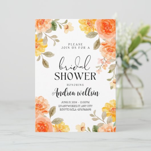 Oranje Boho bloemenbruids doucheuitnodiging Kaart (Staand voorkant)