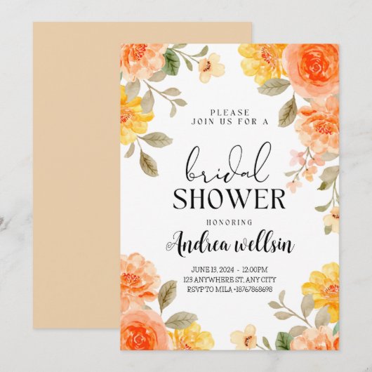 Oranje Boho bloemenbruids doucheuitnodiging Kaart (Voorkant / Achterkant)