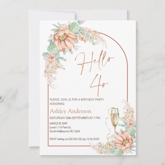 Oranje Boho Cactus 40e uitnodiging van de Birthday (Voorkant)