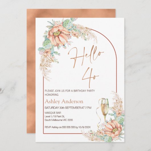 Oranje Boho Cactus 40e uitnodiging van de Birthday (Voorkant / Achterkant)